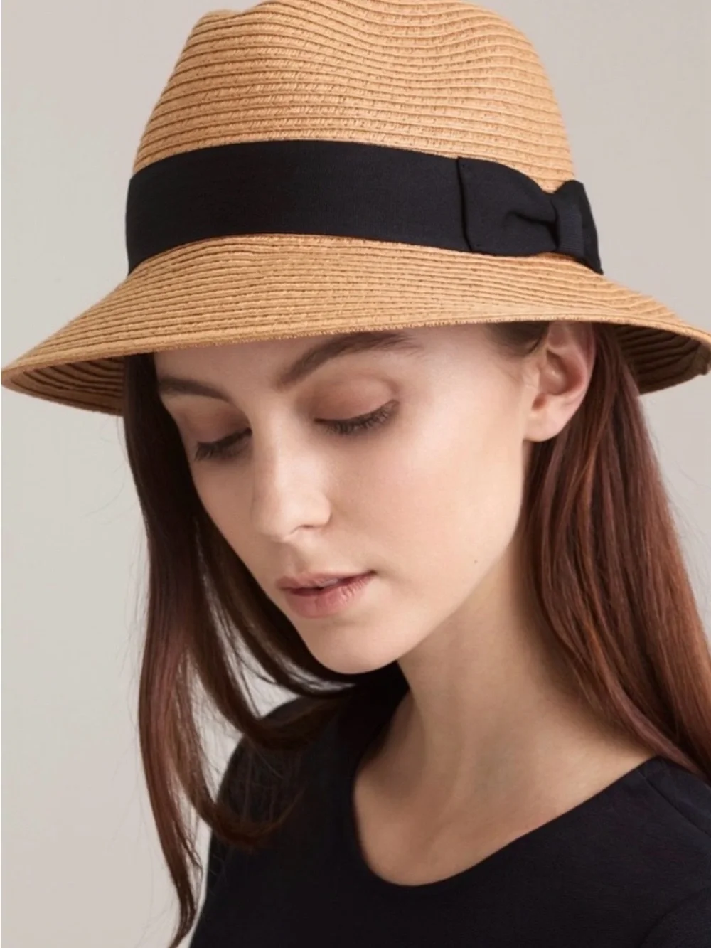 Talula Natural Brown Straw Fedora Black Grosgrain Ribbon Band Travel Packable SM